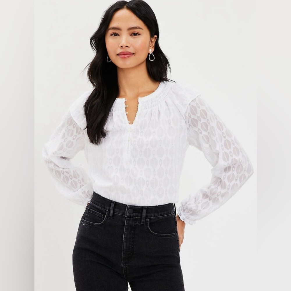LOFT White Puff Sleeve Blouse with Mandarin Collar